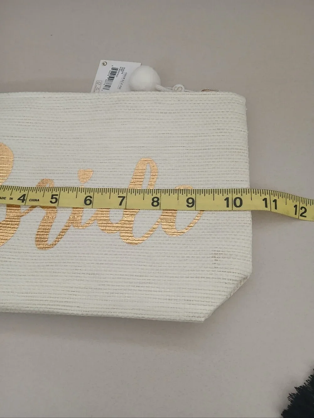Shiraleah Cream Canvas Pouch with Gold Script and Pom Pom